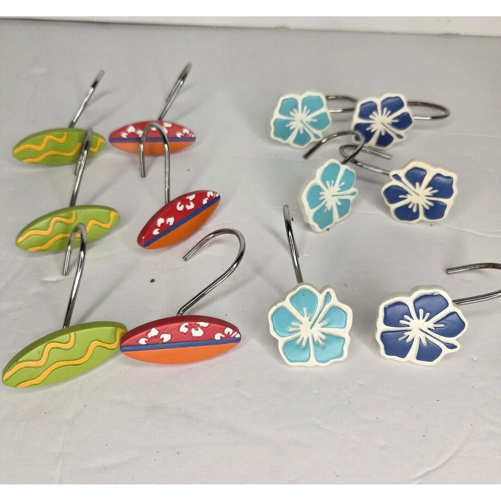 Tropical Surfboard Hibiscus Flower Shower Curtain Hooks Set of 12 Beach Decor